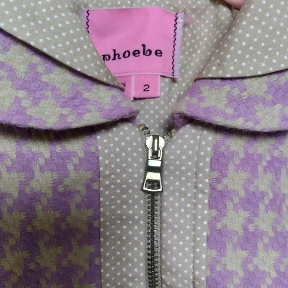 Phoebe x Kay Unger Purple and Tan Houndstooth Ruffle Trim Zip Up Blazer Size 2 - Picture 13 of 16